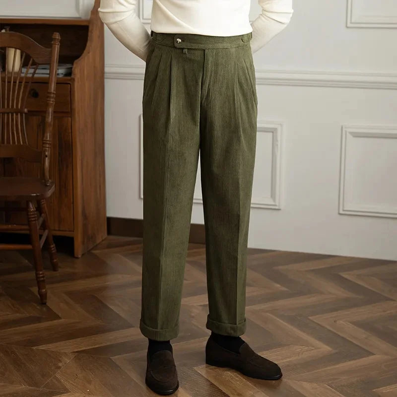 Men's Corduroy Trousers- Pleated High-Waist Straight Leg