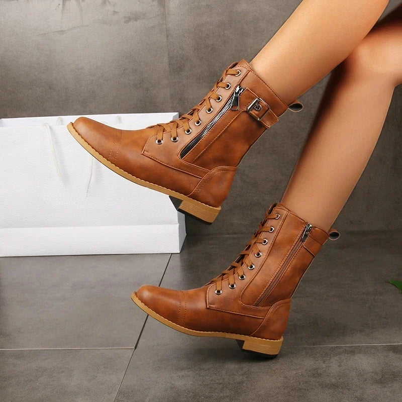 Women's Lace-Up Mid-Calf Boots- Buckle Straps and Side Zip