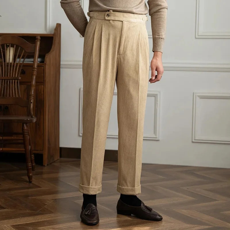 Men's Corduroy Trousers- Pleated High-Waist Straight Leg