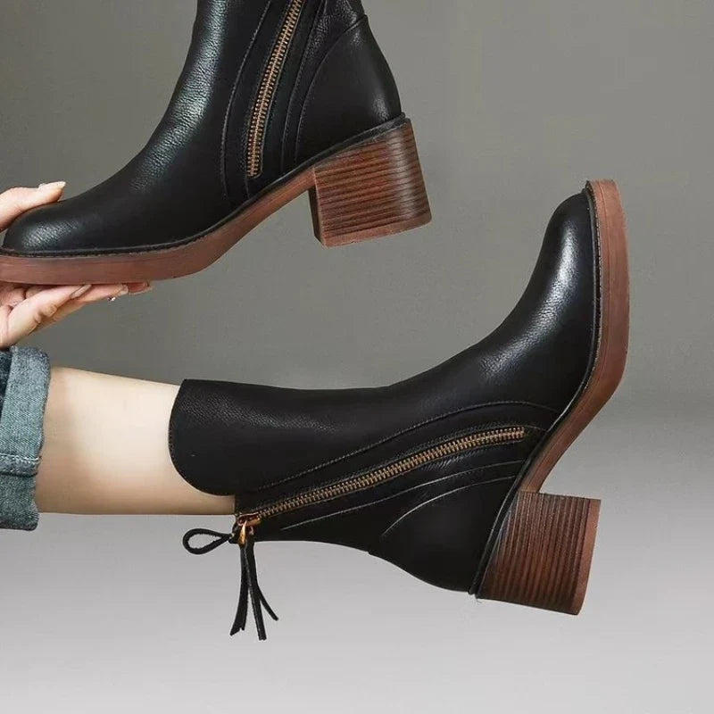 Women's Tassel-Zip Ankle Boots- Block Heel and Rounded Toe
