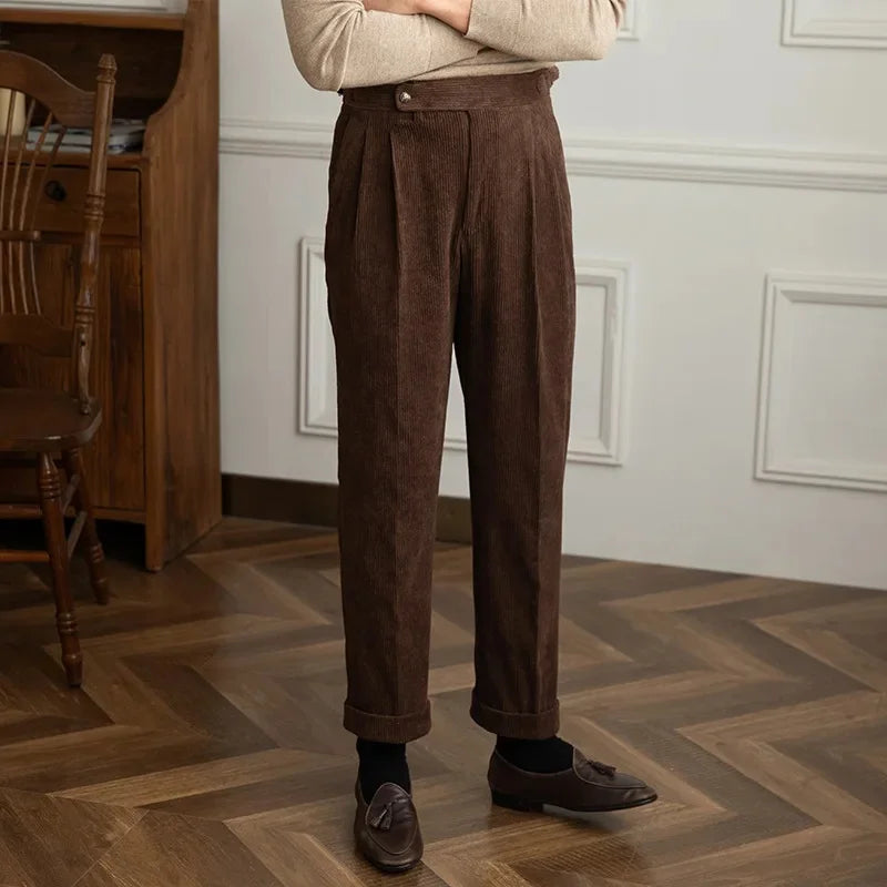 Men's Corduroy Trousers- Pleated High-Waist Straight Leg