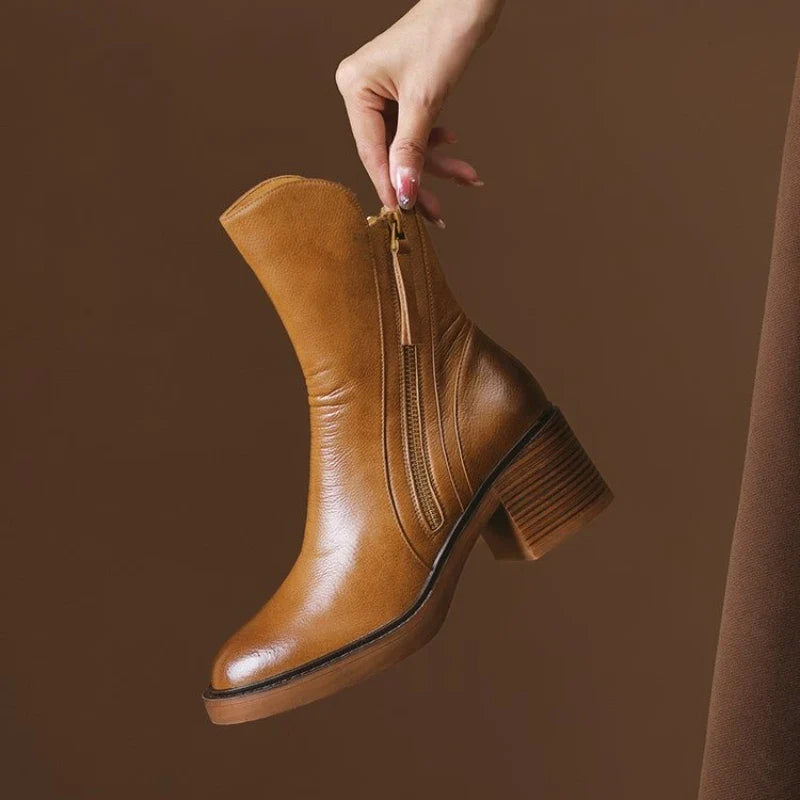 Women's Tassel-Zip Ankle Boots- Block Heel and Rounded Toe