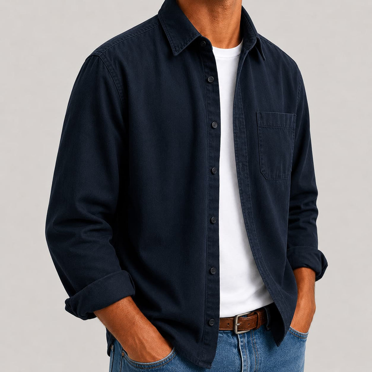 Men's Button-Up Shirt- Long-Sleeve Chest-Pocket Top