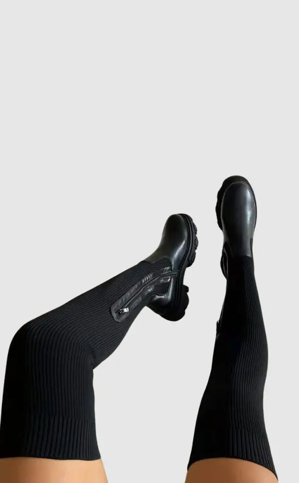 Women's Knee-High Boots - Ribbed Knit Stretch-Shaft Shoes