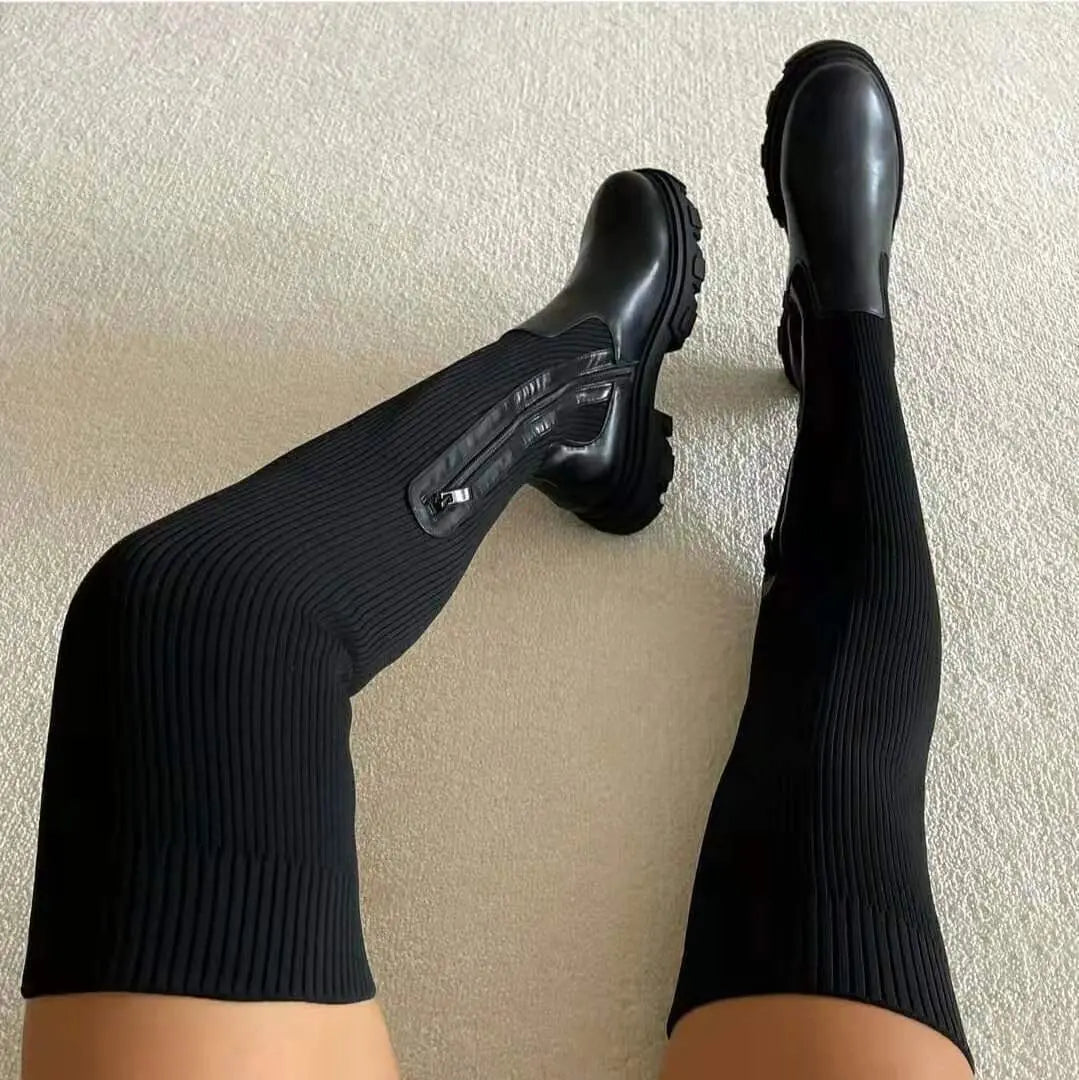 Women's Knee-High Boots - Ribbed Knit Stretch-Shaft Shoes