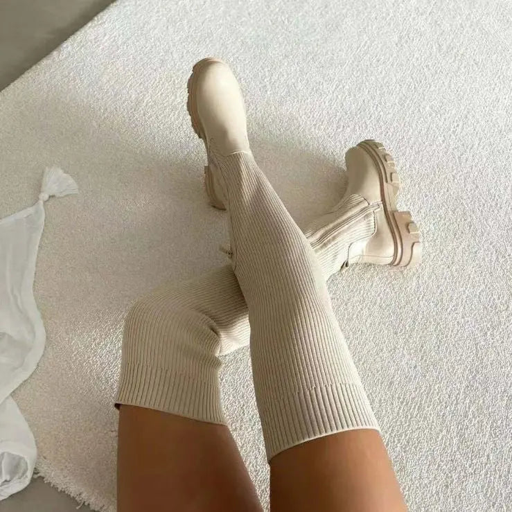 Women's Knee-High Boots - Ribbed Knit Stretch-Shaft Shoes