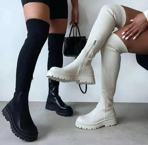 Women's Knee-High Boots - Ribbed Knit Stretch-Shaft Shoes