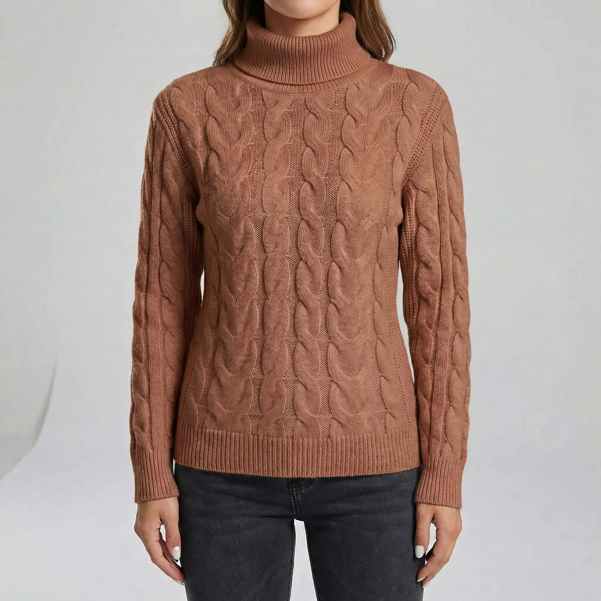 Women's Cable-Knit Jumper- Roll Neck and Ribbed Trim