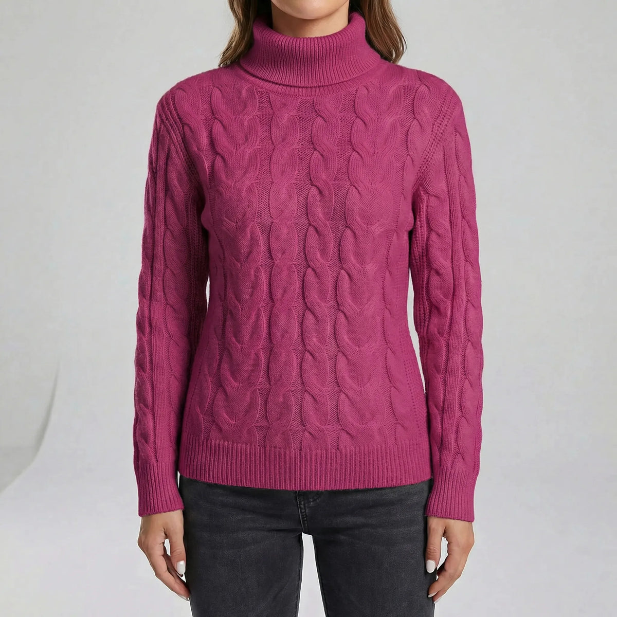 Women's Cable-Knit Jumper- Roll Neck and Ribbed Trim