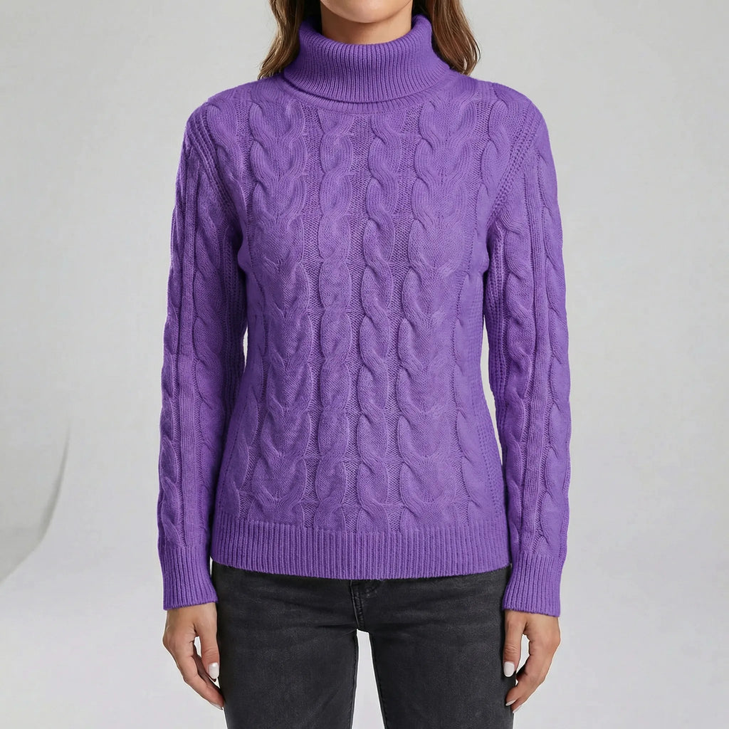 Women's Cable-Knit Jumper- Roll Neck and Ribbed Trim
