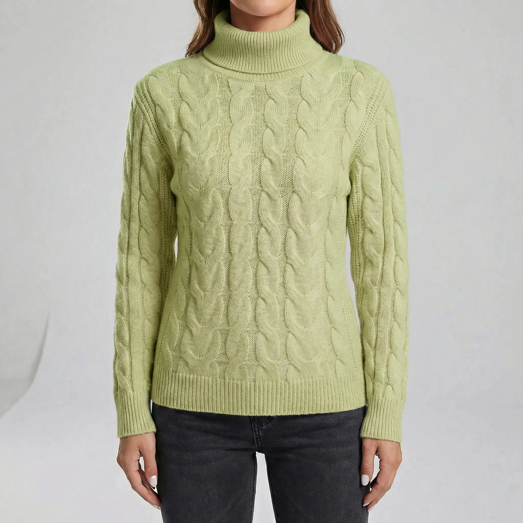 Women's Cable-Knit Jumper- Roll Neck and Ribbed Trim