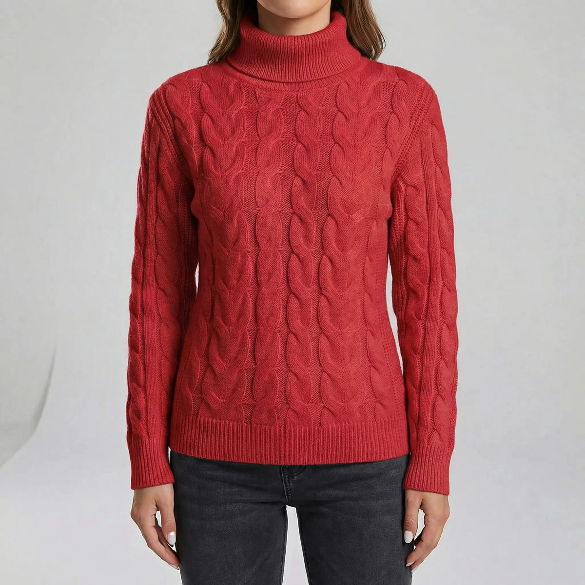 Women's Cable-Knit Jumper- Roll Neck and Ribbed Trim