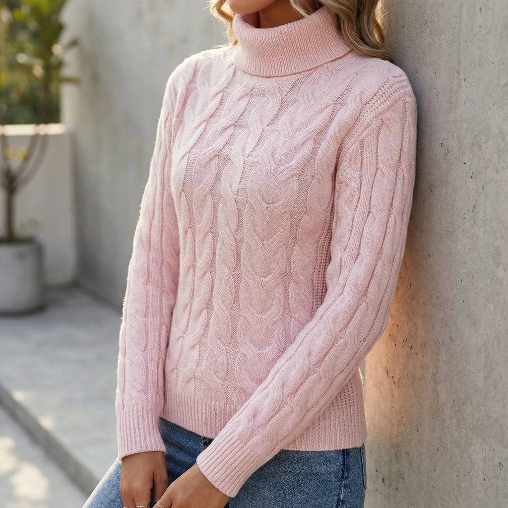 Women's Cable-Knit Jumper- Roll Neck and Ribbed Trim