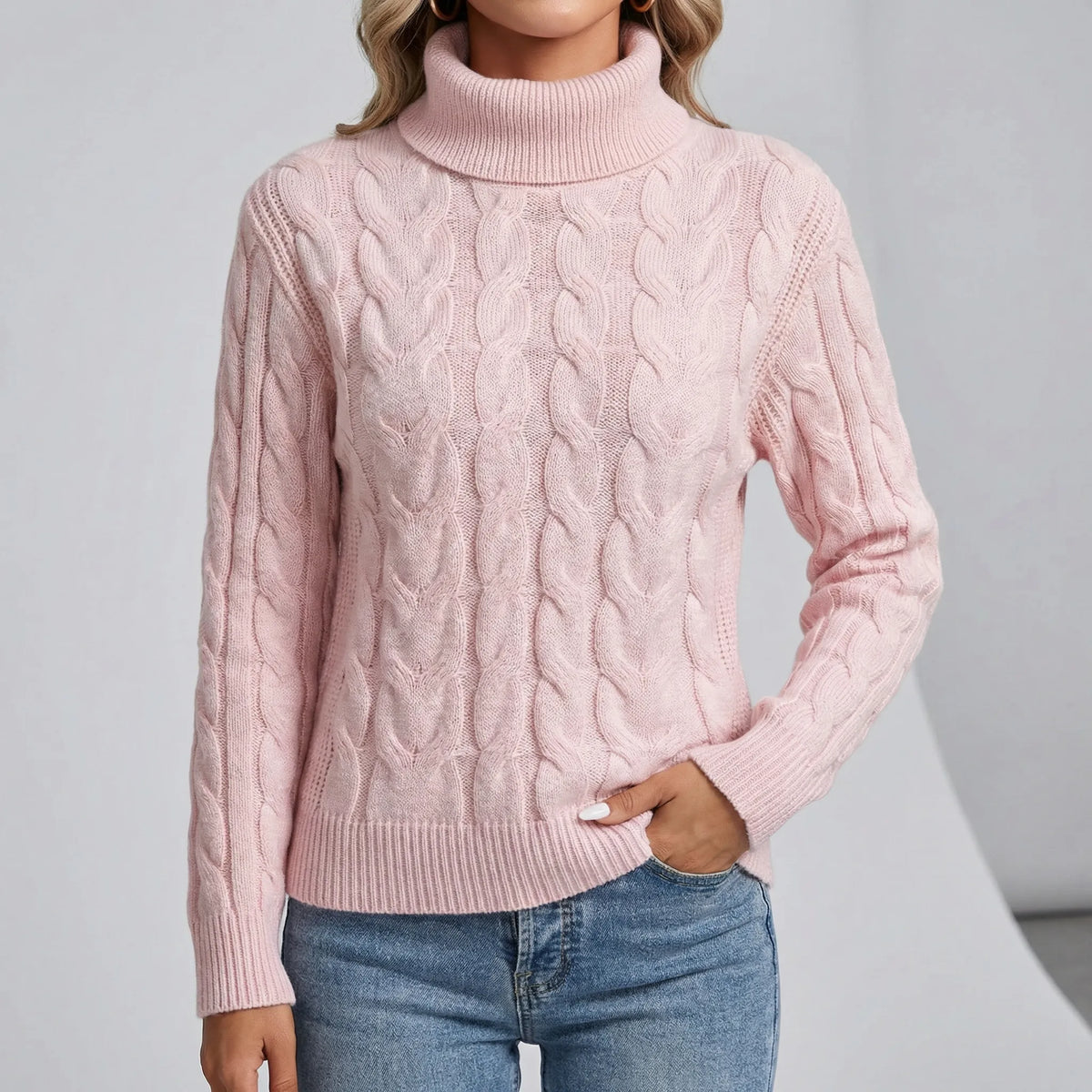 Women's Cable-Knit Jumper- Roll Neck and Ribbed Trim