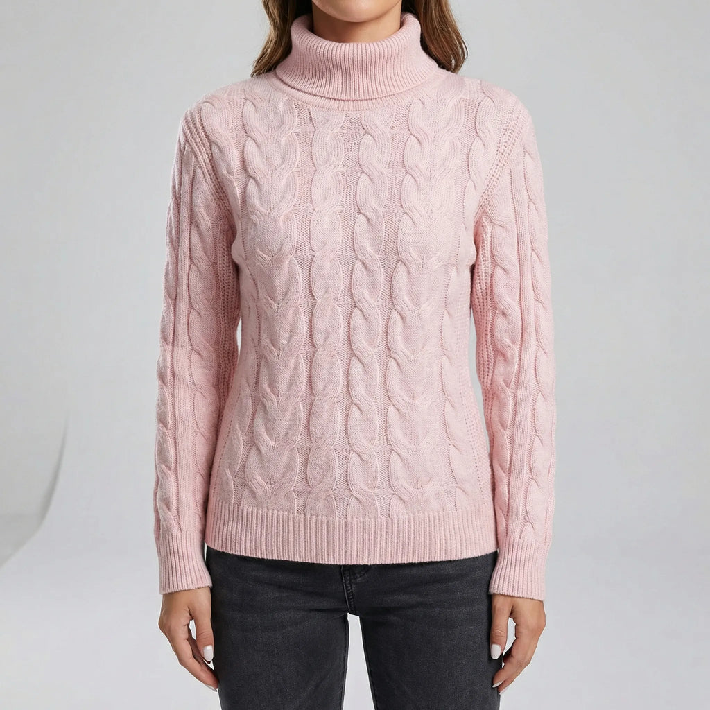 Women's Cable-Knit Jumper- Roll Neck and Ribbed Trim