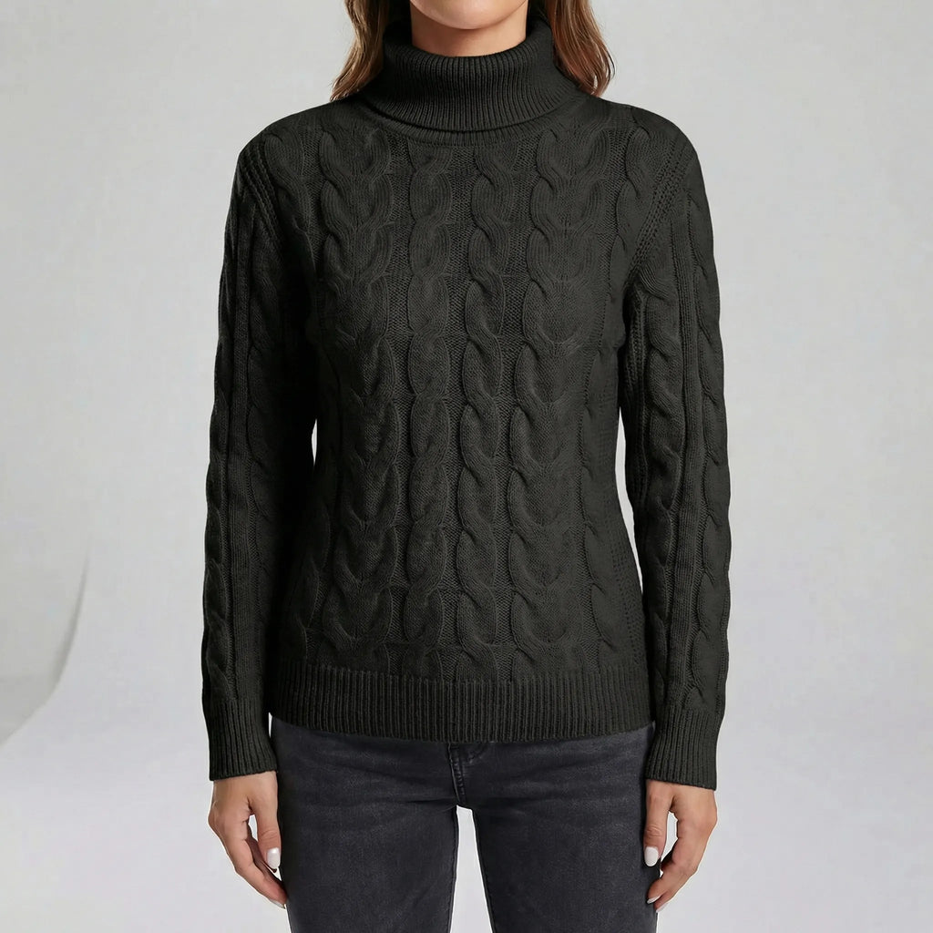Women's Cable-Knit Jumper- Roll Neck and Ribbed Trim