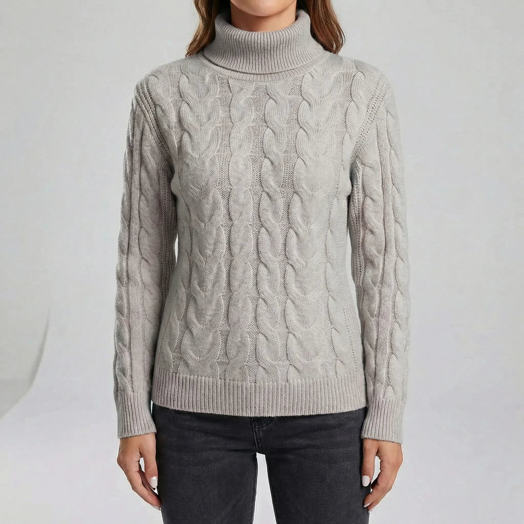 Women's Cable-Knit Jumper- Roll Neck and Ribbed Trim
