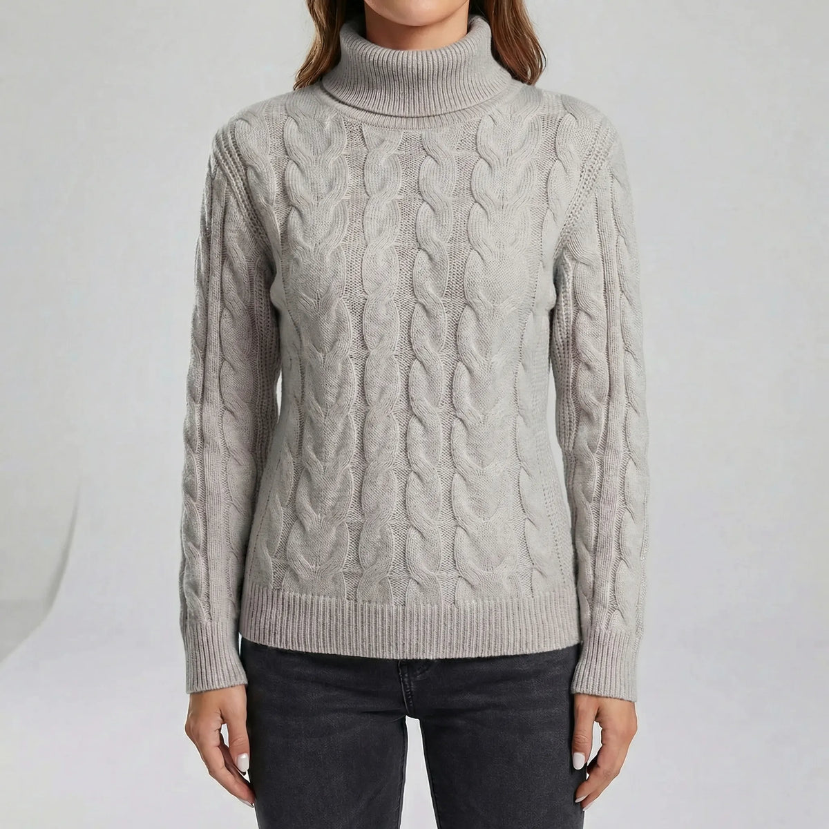 Women's Cable-Knit Jumper- Roll Neck and Ribbed Trim
