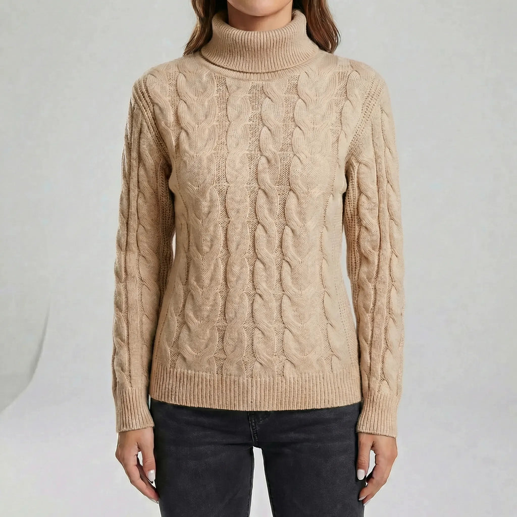Women's Cable-Knit Jumper- Roll Neck and Ribbed Trim