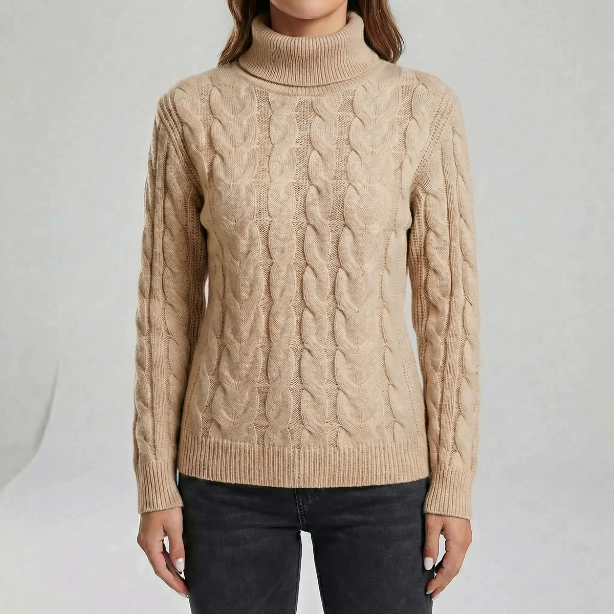 Women's Cable-Knit Jumper- Roll Neck and Ribbed Trim