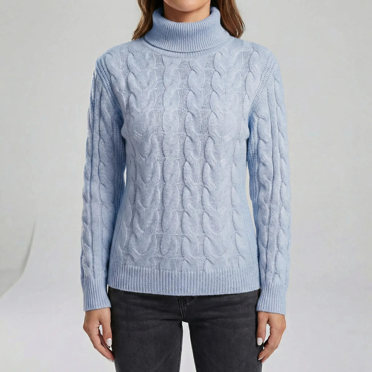 Women's Cable-Knit Jumper- Roll Neck and Ribbed Trim