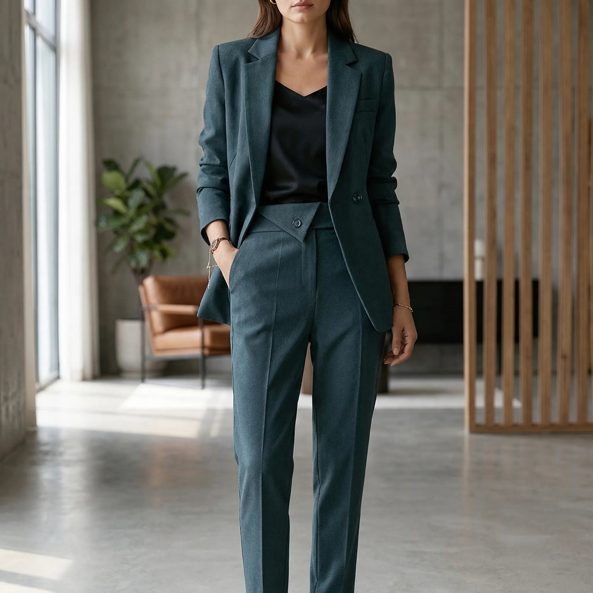 Women's Tailored Blazer Trouser Suit Set with Structured Shoulders