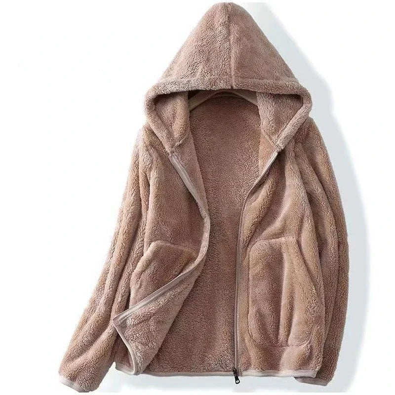 Women's Hooded Teddy Jacket- Zip Front and Patch Pockets