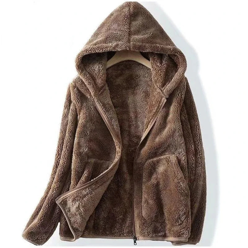 Women's Hooded Teddy Jacket- Zip Front and Patch Pockets