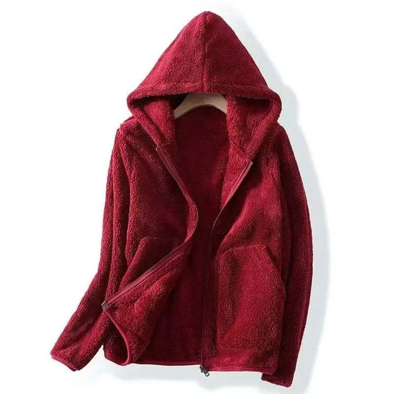 Women's Hooded Teddy Jacket- Zip Front and Patch Pockets