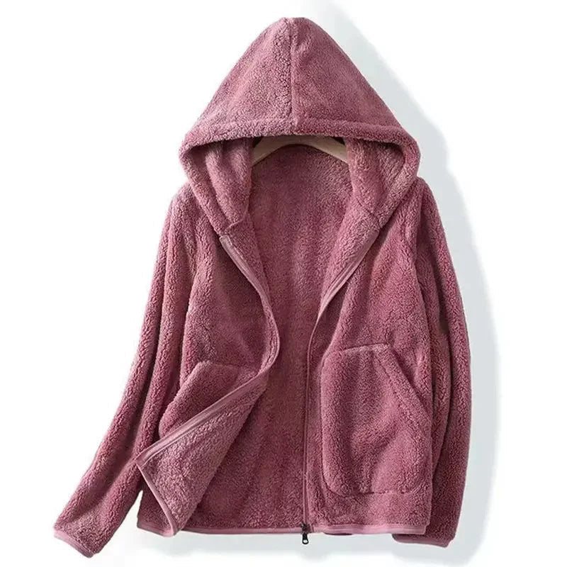 Women's Hooded Teddy Jacket- Zip Front and Patch Pockets