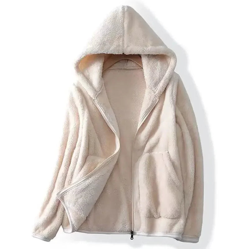 Women's Hooded Teddy Jacket- Zip Front and Patch Pockets