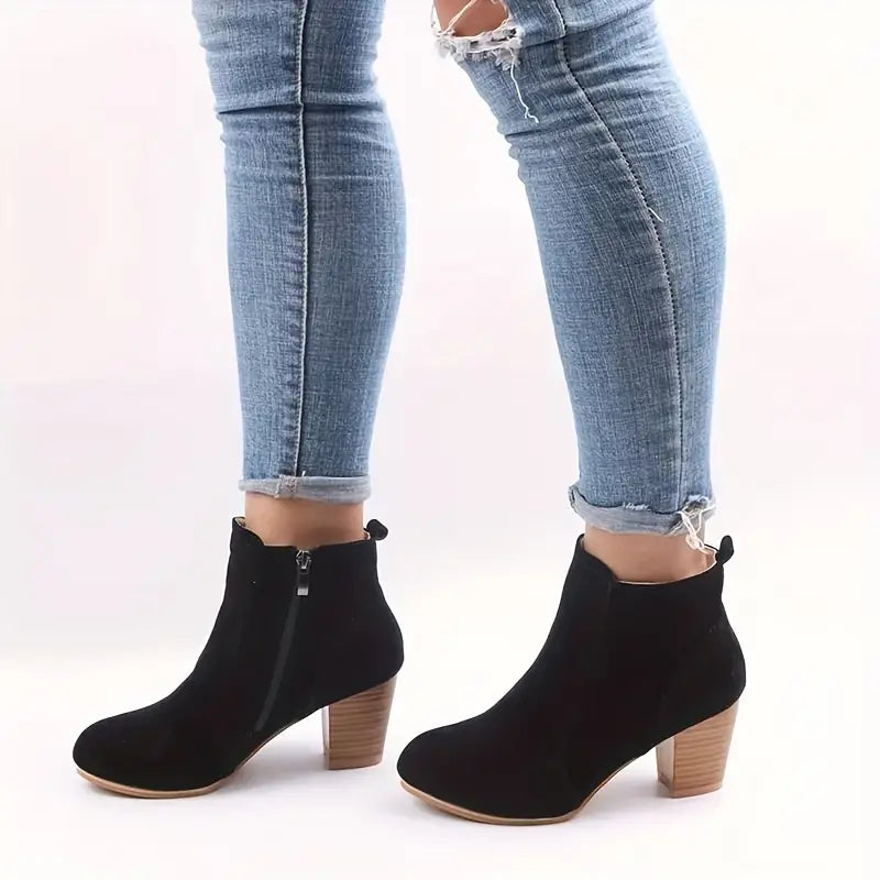 Women's Block-Heel Ankle Boots- Side-Zip Rounded-Toe Shoes