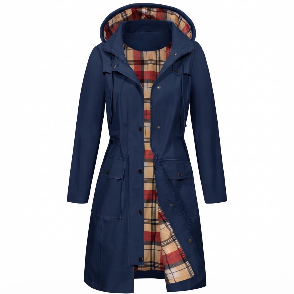 Women's Hooded Coat- Check Lining and Waist Drawcord