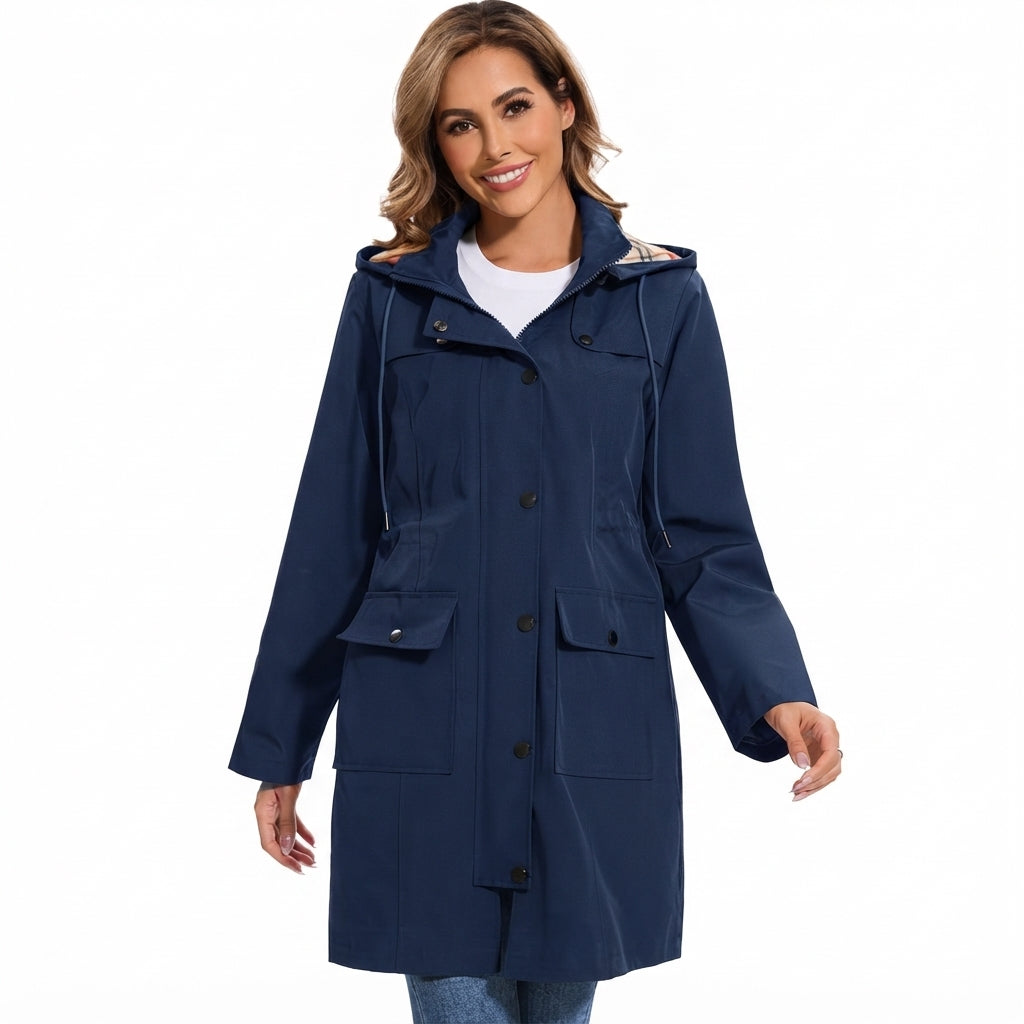 Women's Hooded Coat- Check Lining and Waist Drawcord