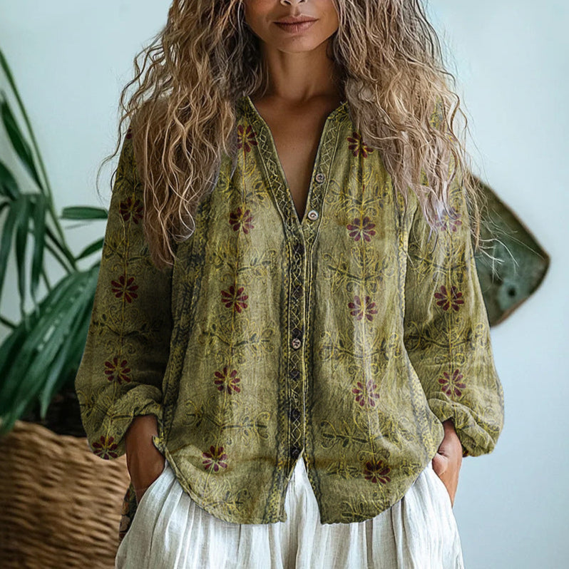 Brianna | Vintage Leaf Print Button Shirt