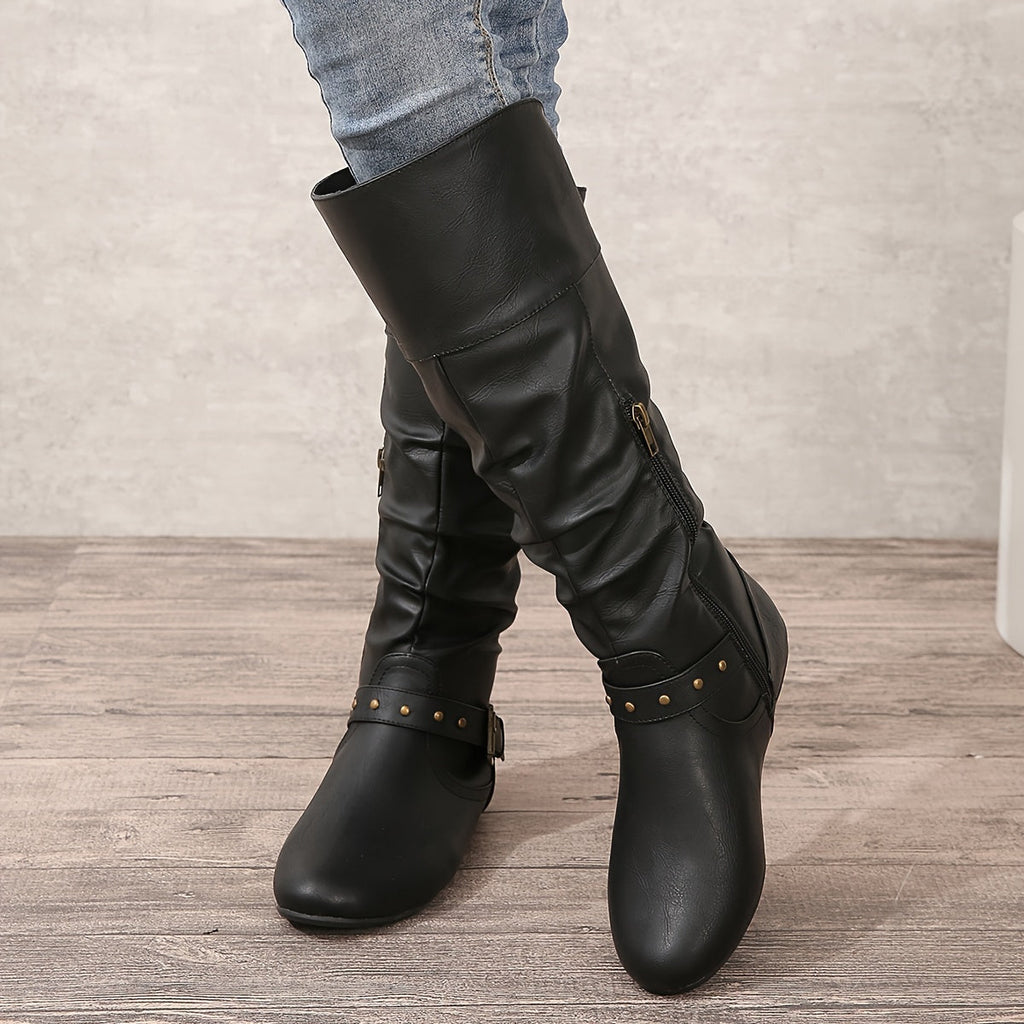Women's Slouch Riding Boots - Buckle and Knee-High Shaft