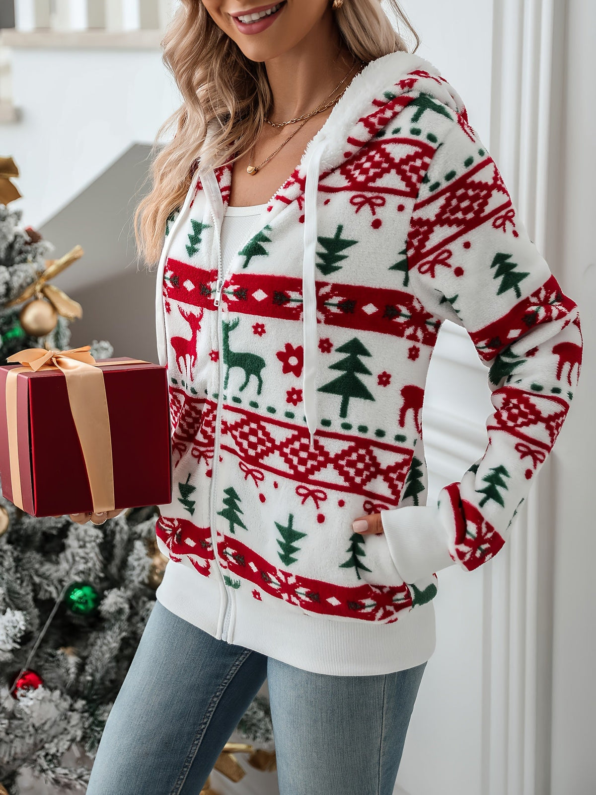Women's Christmas Hooded Cardigan - Zip Front