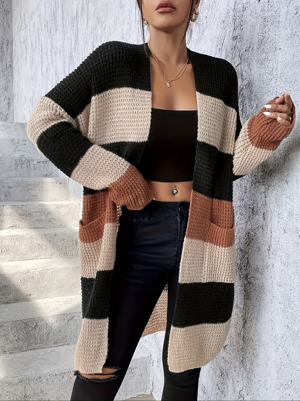 Women's Colour-Block Cardigan - Longline Open-Front Knitwear