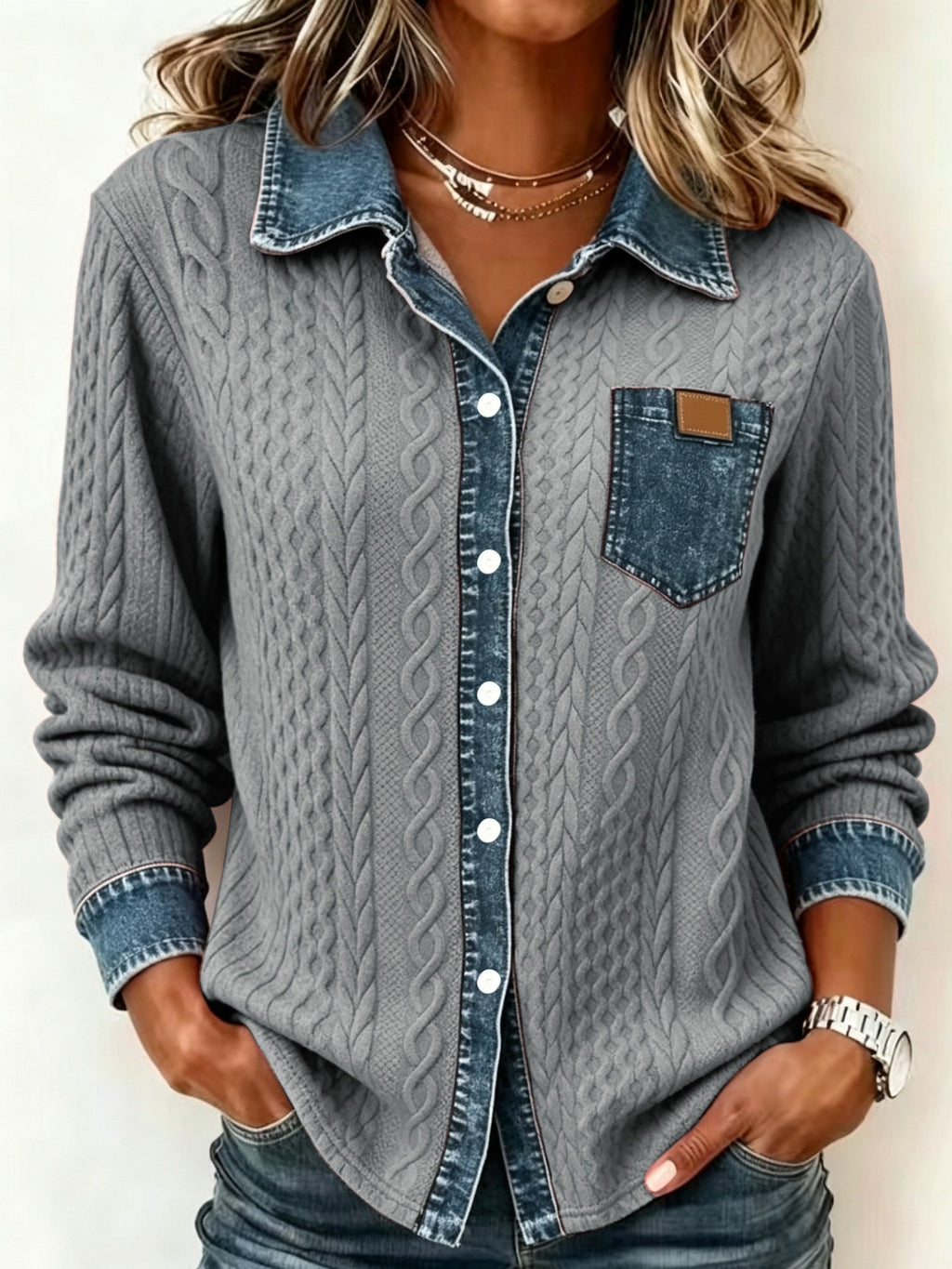 Women's Cable-Knit Cardigan - Contrast Collar Button-Front Knitwear