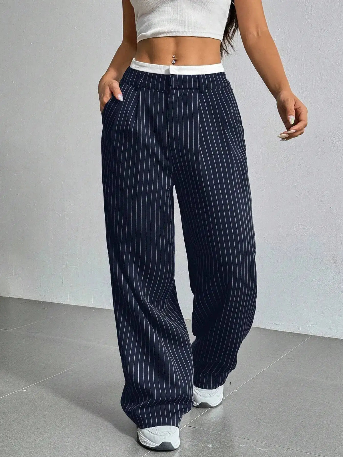 Women's Pinstripe Trousers- High Waist and Wide Leg