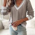 Women's V-Neck Sweater - Contrast-Trim Knit Top