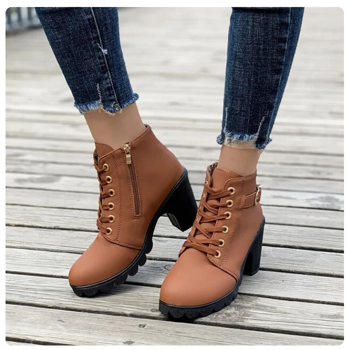 Women's Lace-Up Ankle Boots- Block Heel and Side Zip