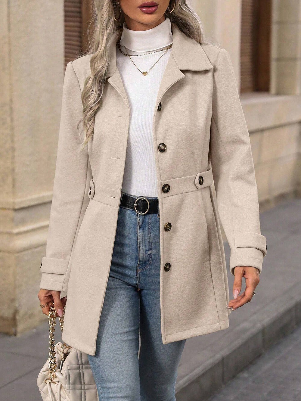 Women's Belted Trench Coat - Mid-Season Button-Front Jacket