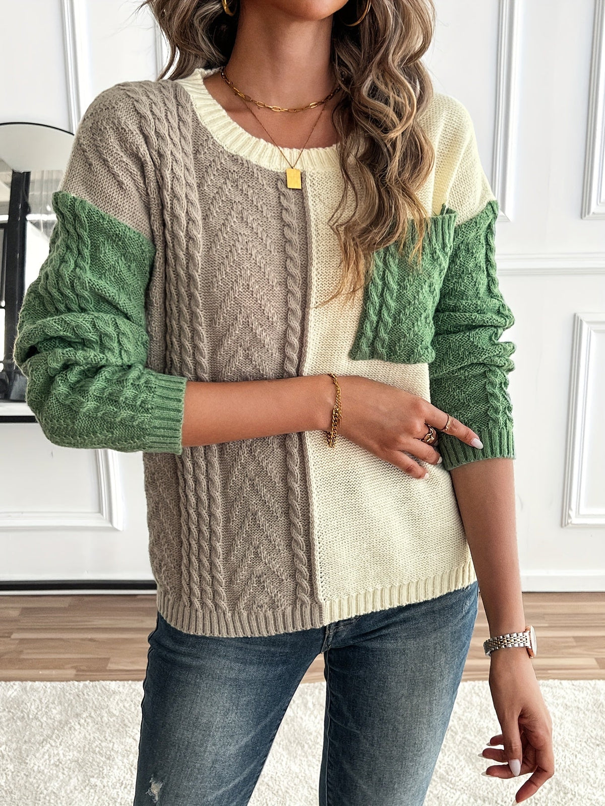 Women's Colour-Block Cable-Knit Jumper