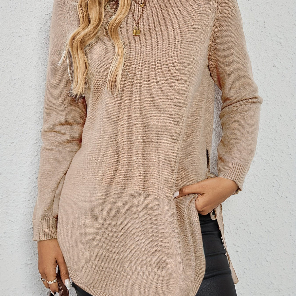 Women's Longline Sweater - Round Neck Side-Slit Knit Top