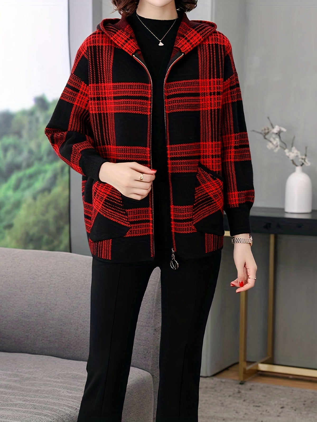 Women's Checked Hooded Jacket - Zip-Up Outerwear