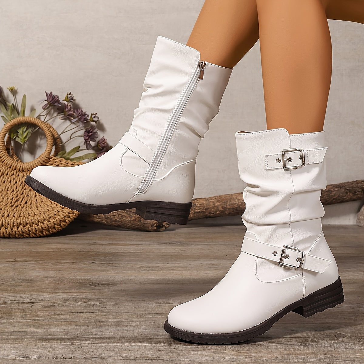 Women's Mid-Calf Boots - Slouch Buckle Flat Shoes