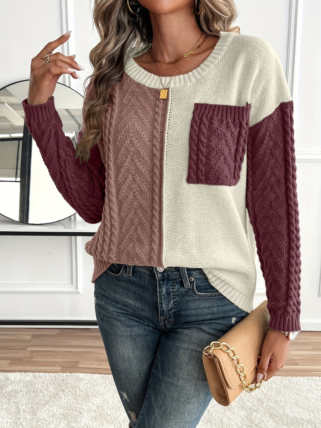 Women's Colour-Block Cable-Knit Jumper