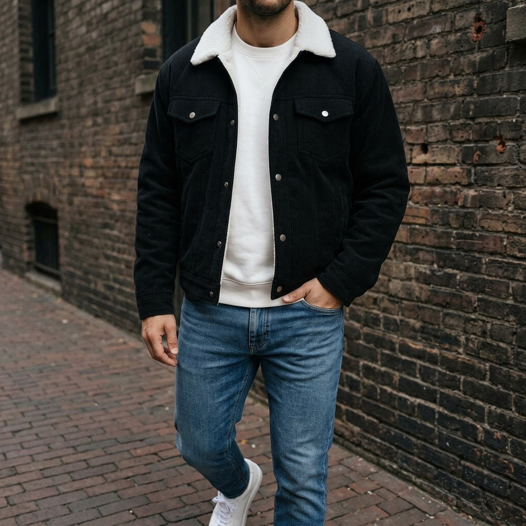 Men's Corduroy Jacket- Fleece Lining and Button Front