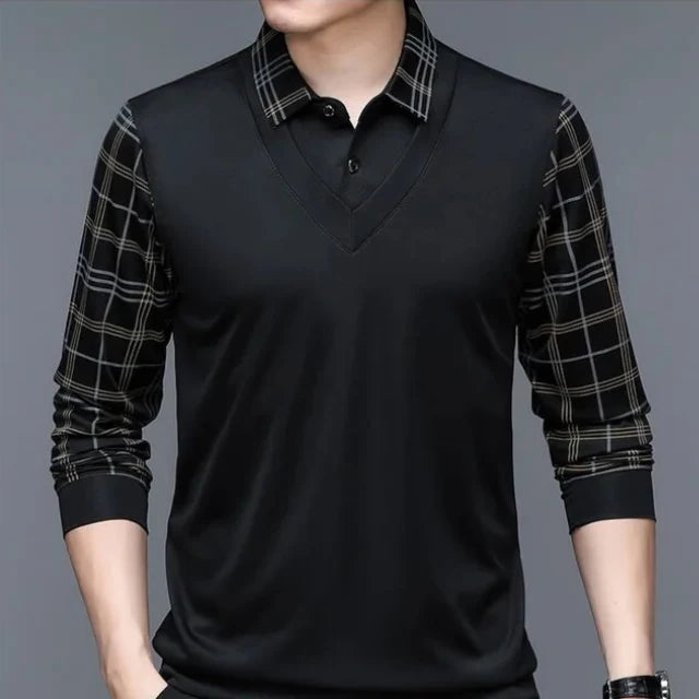 Men's Long-Sleeve Polo Shirt - Contrast-Collar Top